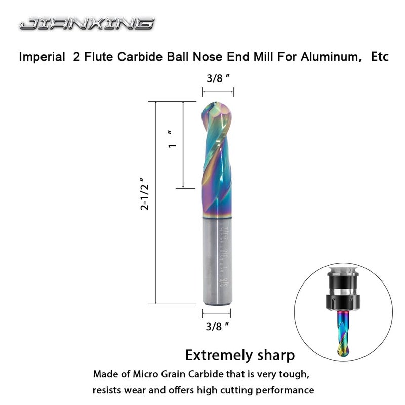 JIANXING 3/8" DLC Coated 2-Flute Carbide Ball Nose End Mill, Ideal for Aluminum, Copper Alloys, and Plastic Machining – High Precision & Wear-Resistant Cutting Tool (1 Pieces) - Image 2